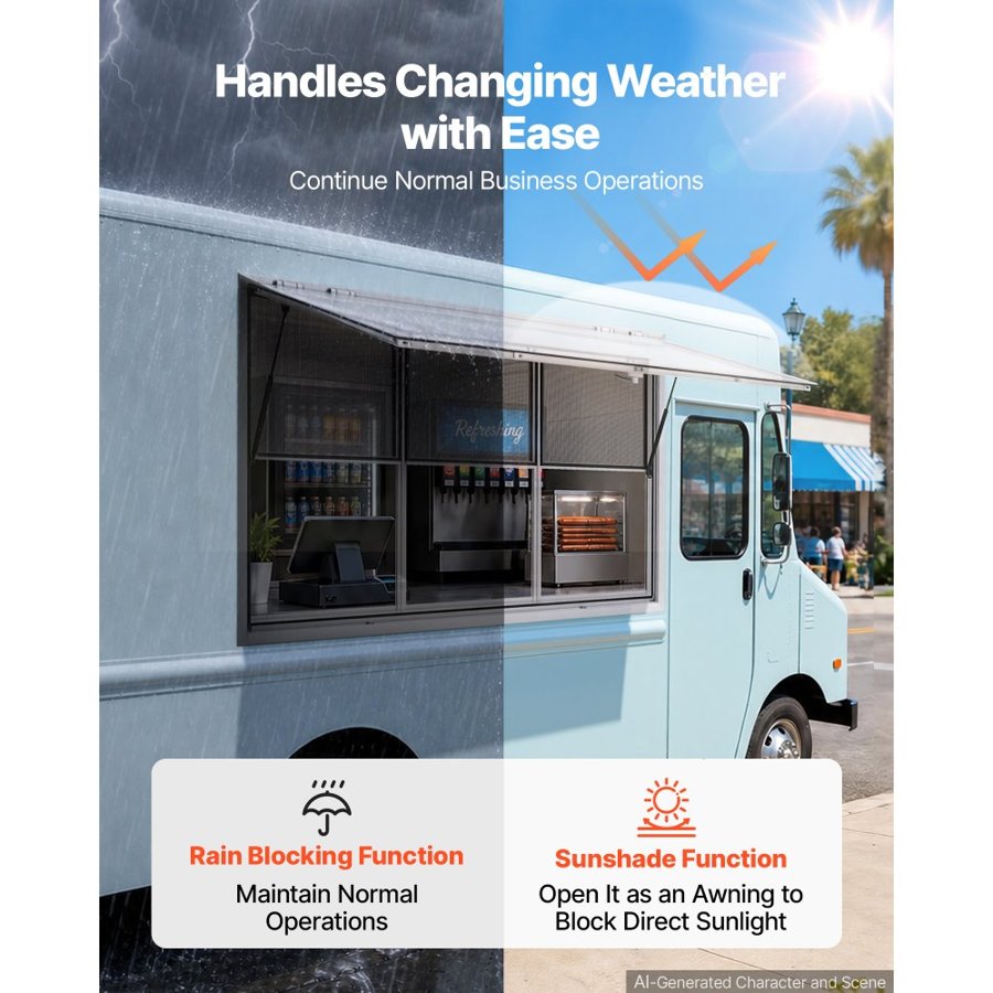VEVOR Concession Window 1626x1016mm Aluminum Alloy Service Window, for Food Truck, Up to 85 Degrees Stand Serving w/ 3 Fixed & 3 Sliding Windows, Awning Door and Drag Hook, Rainwater Resistant