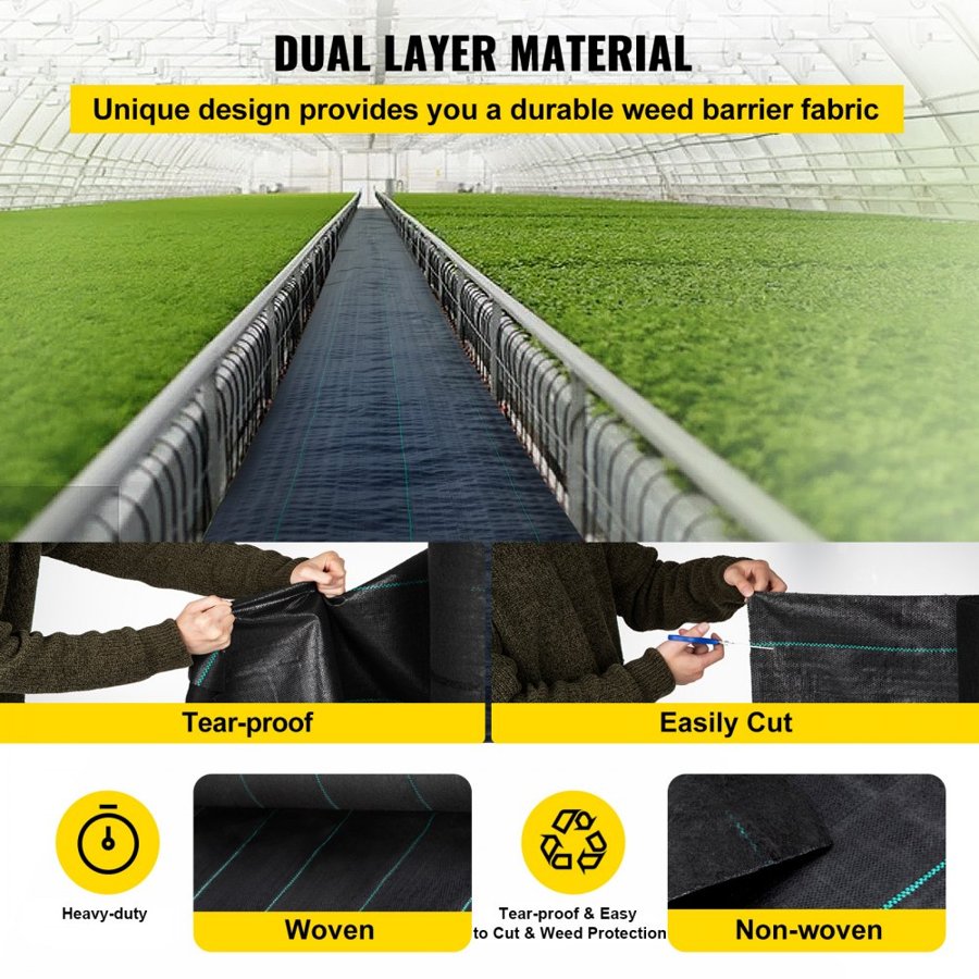VEVOR Garden Weed Barrier Fabric, 197 g/m² Heavy Duty Landscape Fabric, 120 cm x 3048 cm Weed Block Control for Garden Ground Cover, Woven Geotextile Fabric for Landscaping, Gardening, Underlayment, Black