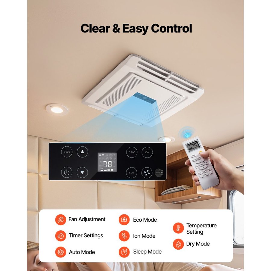 VEVOR autonamiņa gaisa kondicionētājs, 3000 W autonamiņa AC iekārta, 220 V bezkanālu jumta gaisa kondicionētājs ar sildīšanu, pogu vadība un tālvadība, balts