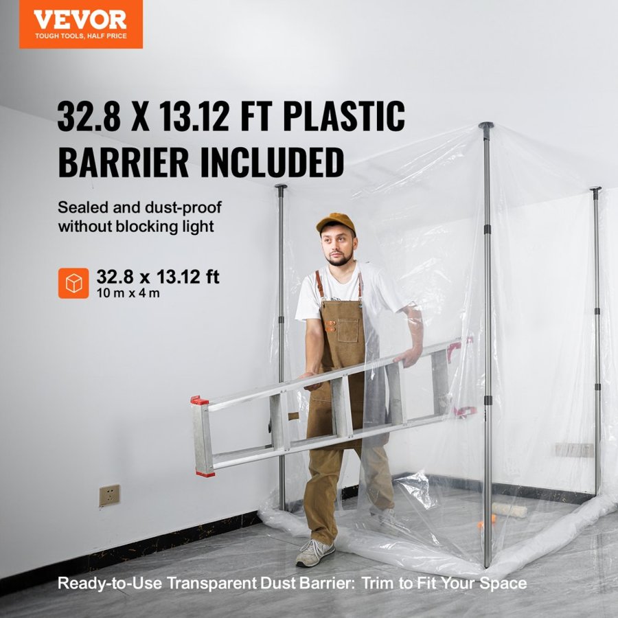 VEVOR Dust Barrier Poles, 12 Ft Poles with 4 Telescoping Poles, Carry Bag, and 32.8x13.12 Ft Plastic Film, for Interior Decoration and Painting Projects