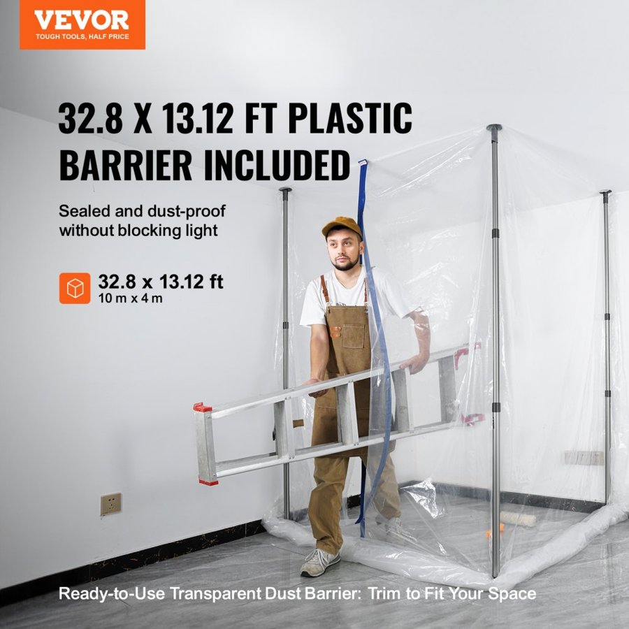 VEVOR Dust Barrier Poles, 304.8 cm Barrier Poles, Dust Barrier System with 4 Telescoping Poles, Magnetic Zipper, Carry Bag and 999.7x399.9 cm Plastic Film, for Interior Decoration, Painting