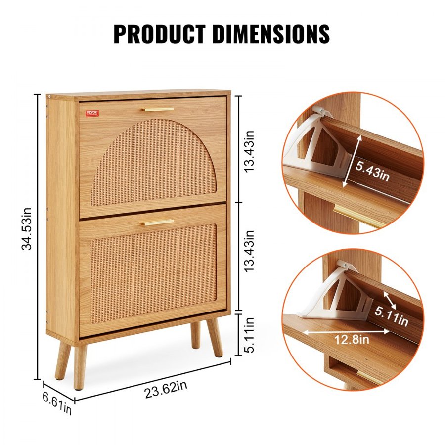 VEVOR Shoe Cabinet with 2 Flip Drawers, Shoe Storage Cabinet for Entryway, Free Standing Shoe Storage Organizer with Rattan Doors for Heels, Boots, Slippers in Hallway, Living Room