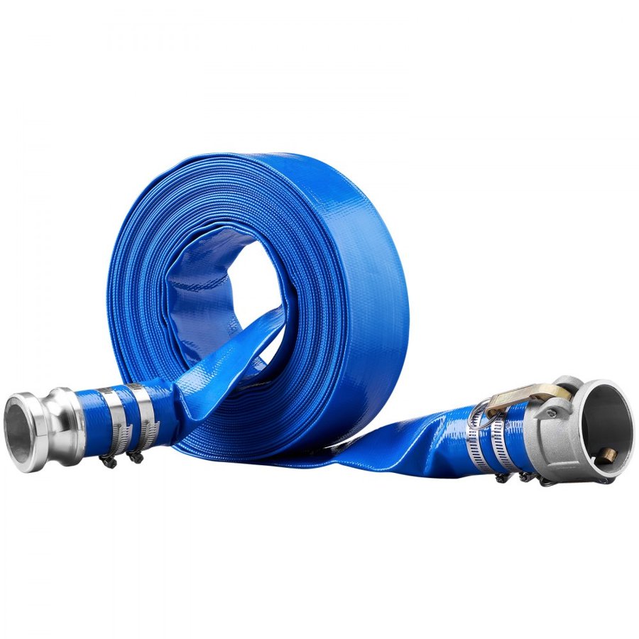 VEVOR Backwash Hose, 51 mm x 15,24 m, Heavy-Duty PVC Flat Pool Discharge Hose with Aluminum Camlock C & E Fittings, Clamps, Compatible with Pumps, Sand Filters, for Swimming Pools Waste Water Drain, Blue