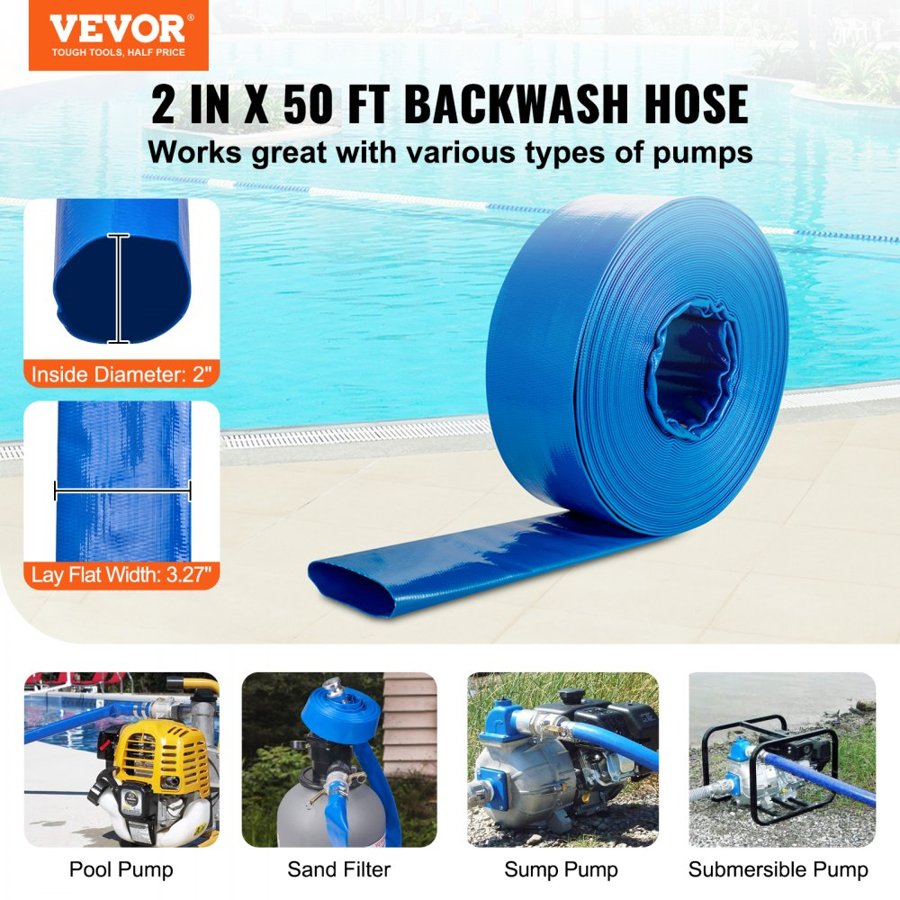 VEVOR Backwash Hose, 51 mm x 15,24 m, Heavy-Duty PVC Flat Pool Discharge Hose with Aluminum Camlock C & E Fittings, Clamps, Compatible with Pumps, Sand Filters, for Swimming Pools Waste Water Drain, Blue