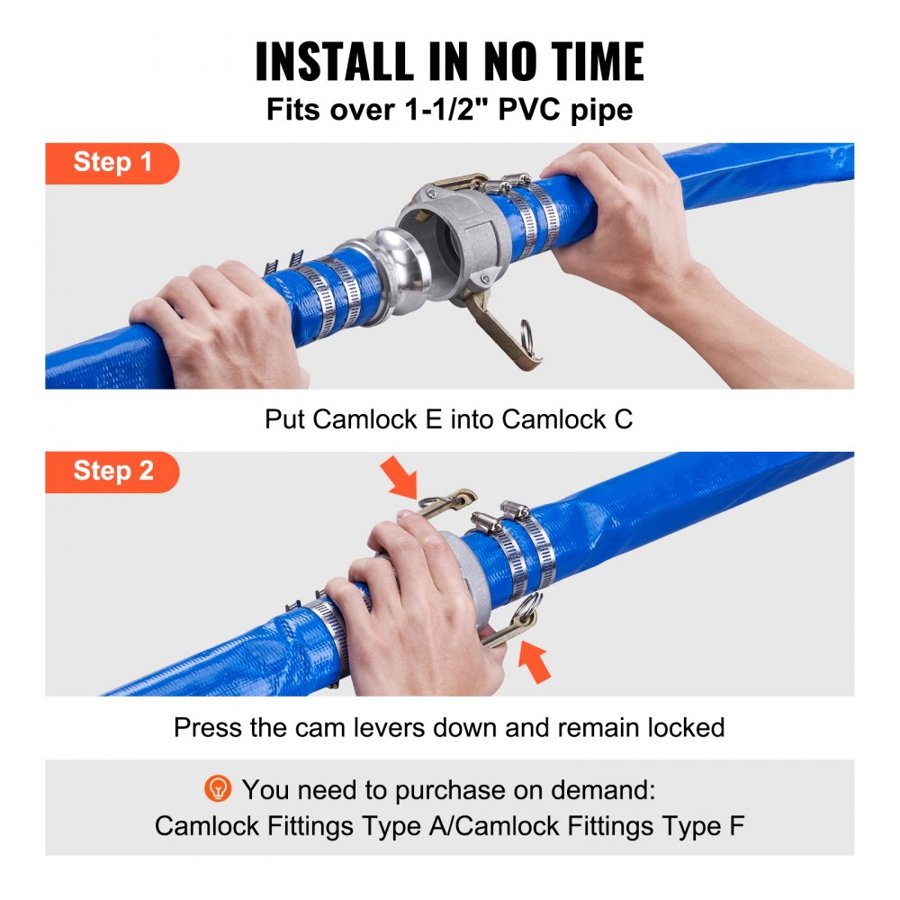 VEVOR Backwash Hose, 51 mm x 15,24 m, Heavy-Duty PVC Flat Pool Discharge Hose with Aluminum Camlock C & E Fittings, Clamps, Compatible with Pumps, Sand Filters, for Swimming Pools Waste Water Drain, Blue