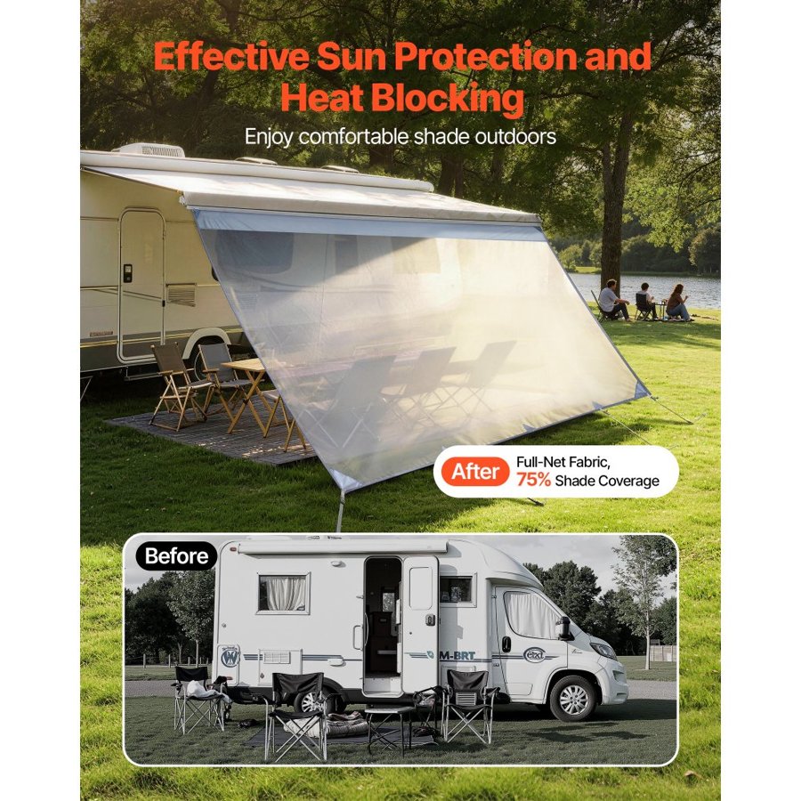 VEVOR RV Awning Sun Shade Screen, 2 x 4.3 m Polyester Mesh Sun Shading Screen (Fits 4.5 m Awnings), Double-Stitched Breathable Sunscreen for RVs Travel and Outdoor Camping