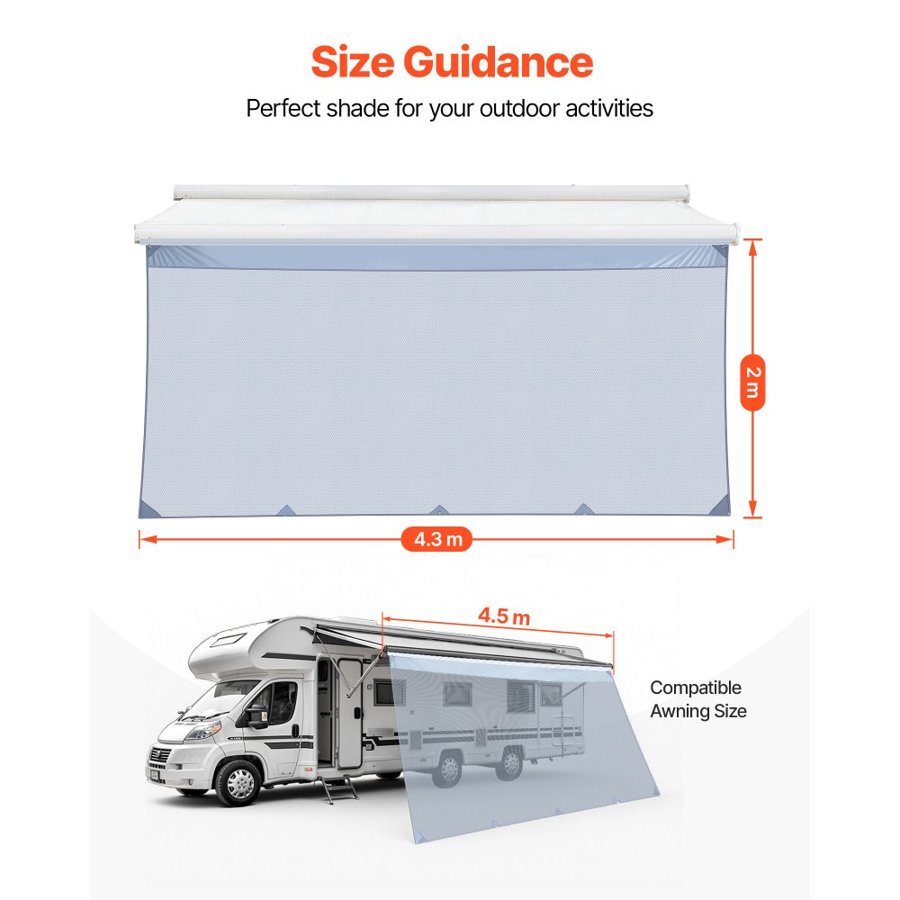 VEVOR RV Awning Sun Shade Screen, 2 x 4.3 m Polyester Mesh Sun Shading Screen (Fits 4.5 m Awnings), Double-Stitched Breathable Sunscreen for RVs Travel and Outdoor Camping