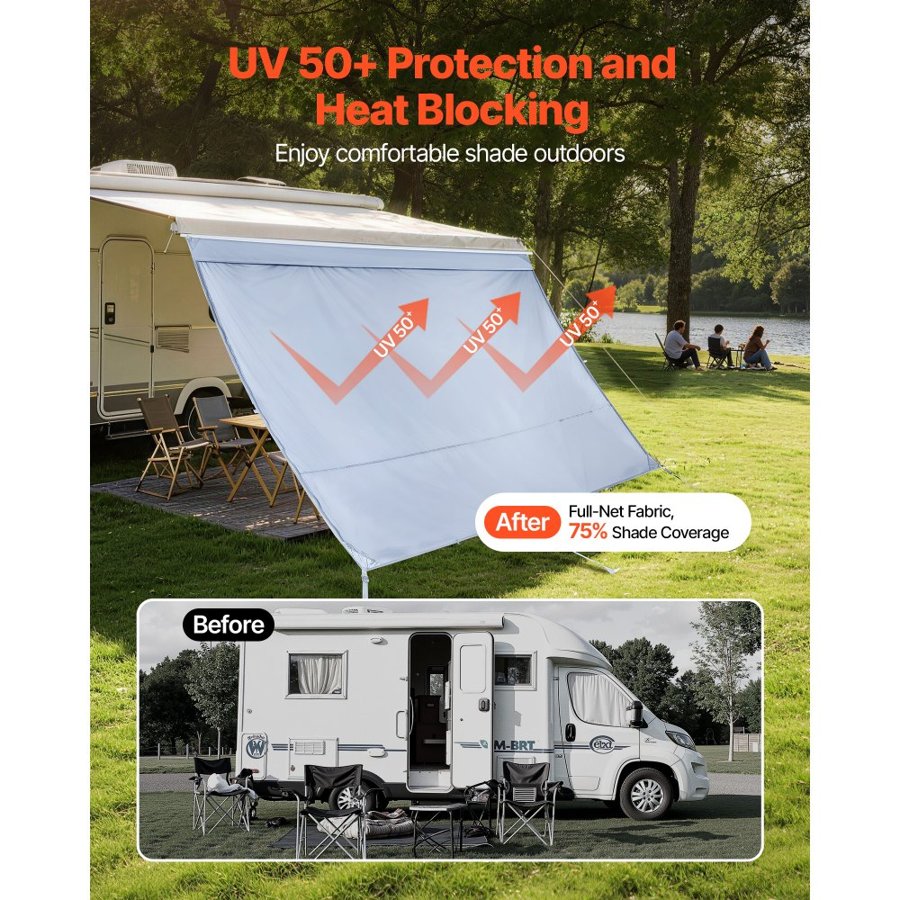 VEVOR RV Awning Sun Shade Screen, 2 x 3.3 m RV Awning Sun Shading Screen (Fits 3.5 m Awnings) with UV50+ Zippered PU Cover, Double-Stitched Polyester Mesh Sunscreen for RVs Travel and Outdoor Camping