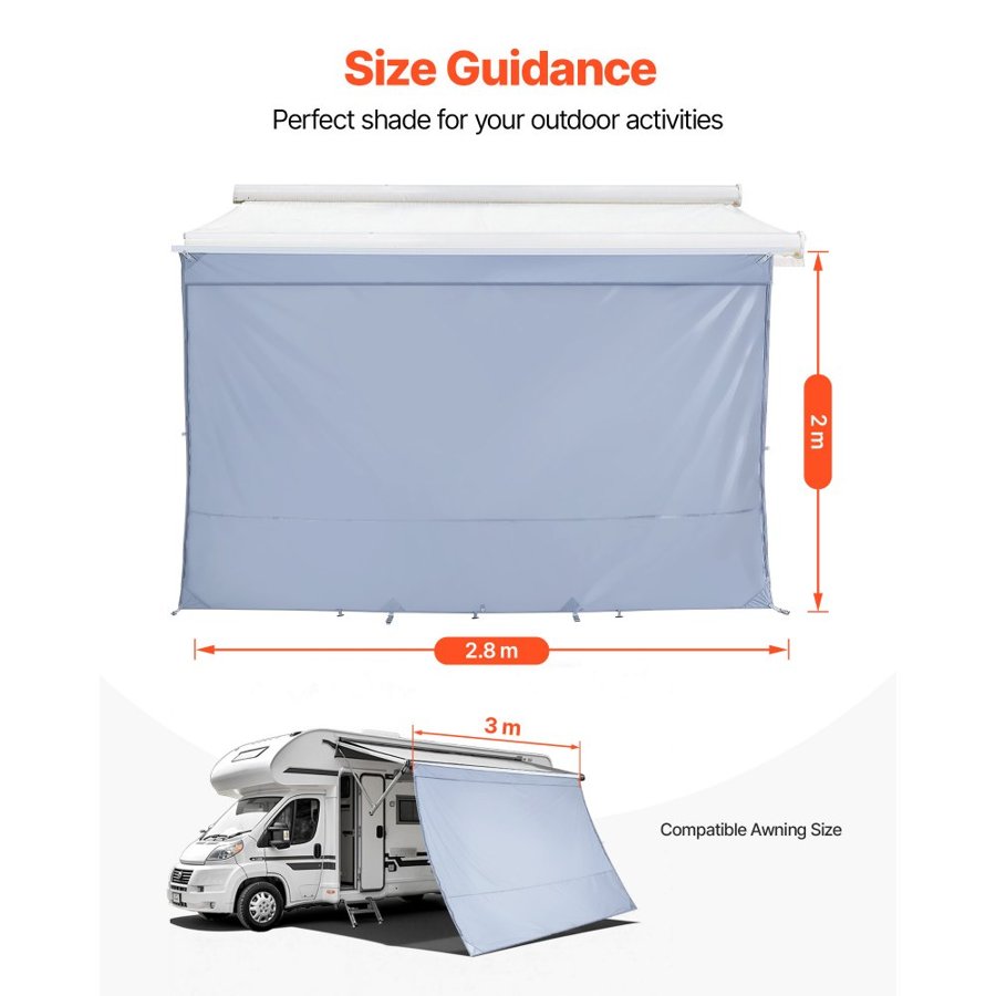 VEVOR RV Awning Sun Shade Screen, 2 x 2.8 m Sun Shading Screen (Fits 3 m Awnings) with UV50+ Zippered PU Cover, Double-Stitched Polyester Mesh Sunscreen for RVs Travel and Outdoor Camping