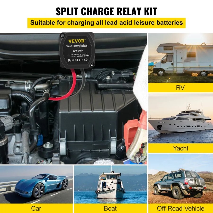 VEVOR Split Charge Relay Kit, 4mtr 12V, Automatic Dual Battery Isolator Kit with Voltage Sense Relay VSR, Compatible with RV Marine Car Vehicle Truck Caravan Camper Yacht ATV UTV Boats Workshop
