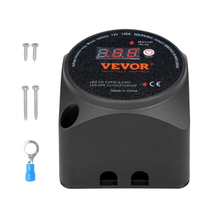 VEVOR Dual Battery Isolator Kit, 12V 140Amp, Manual and Auto Modes VSR Voltage Sensitive Relay with LCD Screen, Smart Battery Isolator for ATV UTV RV Camper Off-Road Vehicle Caravan Truck Boat Yacht