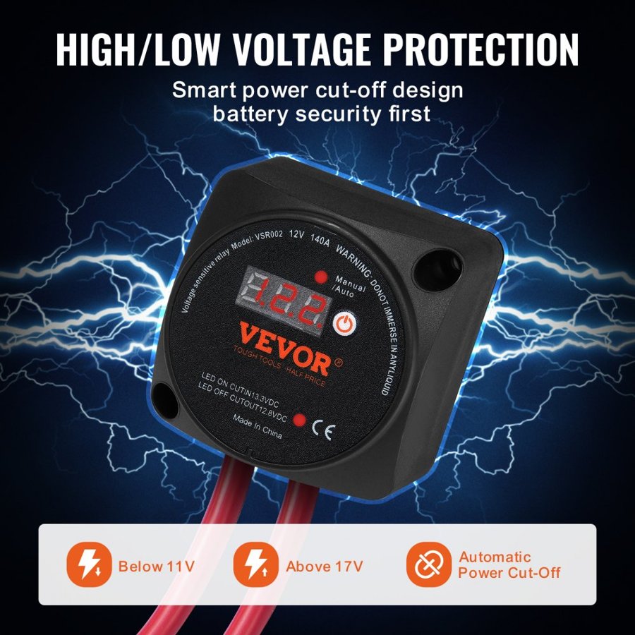 VEVOR Dual Battery Isolator Kit, 12V 140Amp, Manual and Auto Modes VSR Voltage Sensitive Relay with LCD Screen, Smart Battery Isolator for ATV UTV RV Camper Off-Road Vehicle Caravan Truck Boat Yacht
