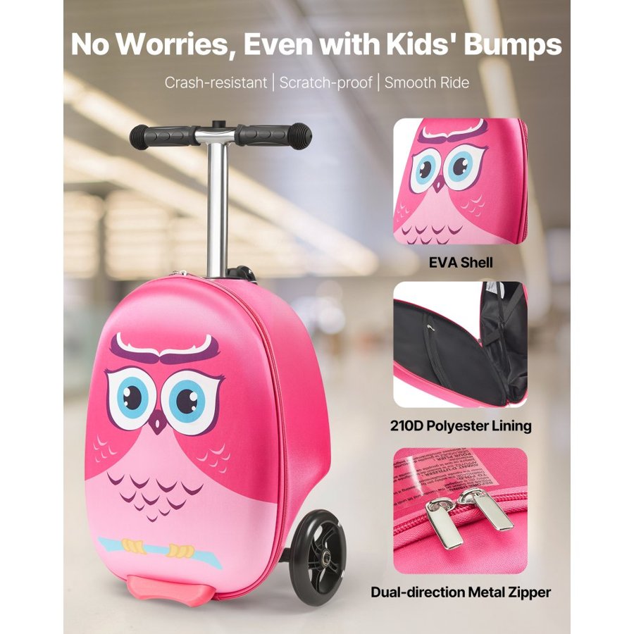 VEVOR Ride-on Luggage, 20 L Capacity, 20 Inches Kids Scooter Suitcase with Flash PU Wheels, Adjustable Handle & TPR Non-Slip Grip, Foldable & Lightweight Scooter Luggage for Kids Aged 5+, Pink