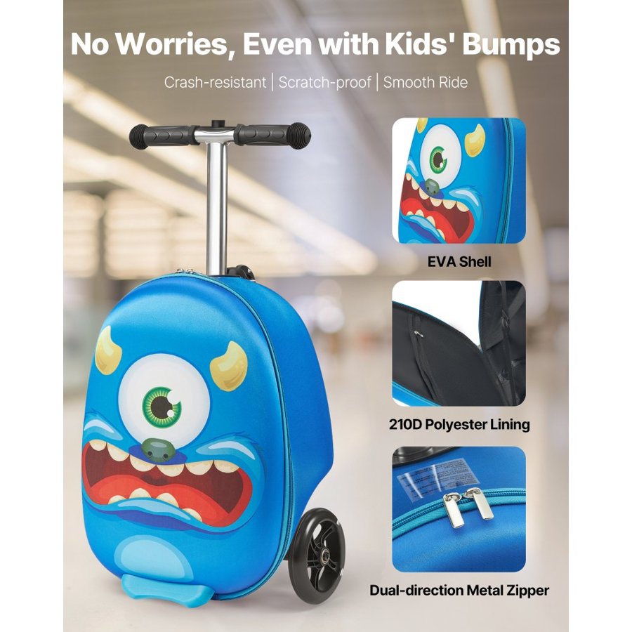 VEVOR Ride-on Luggage, 20 L Capacity, 20 Inches Kids Scooter Suitcase with Flash PU Wheels, Adjustable Handle & TPR Non-Slip Grip, Foldable & Lightweight Scooter Luggage for Kids Aged 5+, Blue