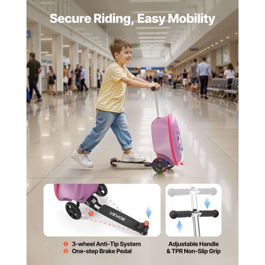 VEVOR Ride-on Luggage, 20 L Capacity, 20 Inches Kids Scooter Suitcase with Flash PU Wheels, Adjustable Handle & TPR Non-Slip Grip, Foldable & Lightweight Scooter Luggage for Kids Aged 5+, Purple