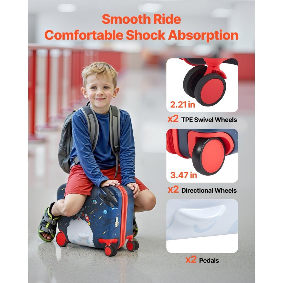 VEVOR Ride-on Luggage, 26 L Capacity, 18 Inches Tow Along Toddler Carry on Luggage with Wheels, Adjustable Shoulder Strap, Lightweight Kids Riding Suitcase for Boys & Girls Aged 3+, Blue & White