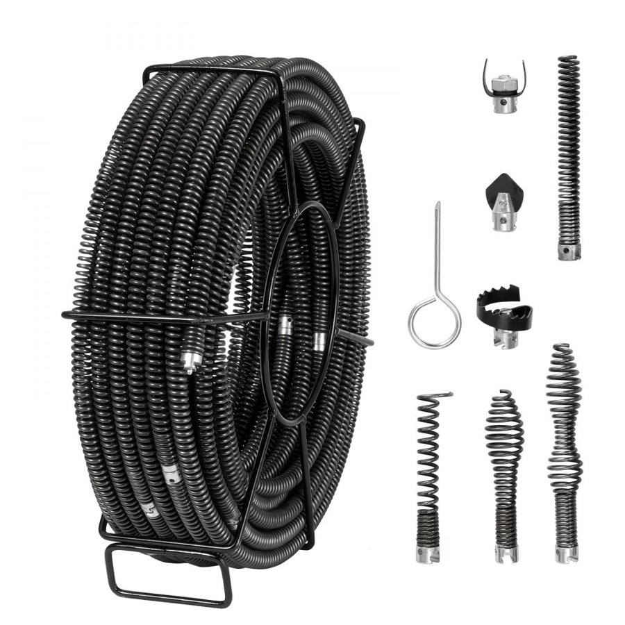 VEVOR Sectional Drain Cleaning Cable 100FT/30.5 m x 5/8In/1.6 cm & 7 Cutters for 0.8"-3.9"/2-10 cm Pipes