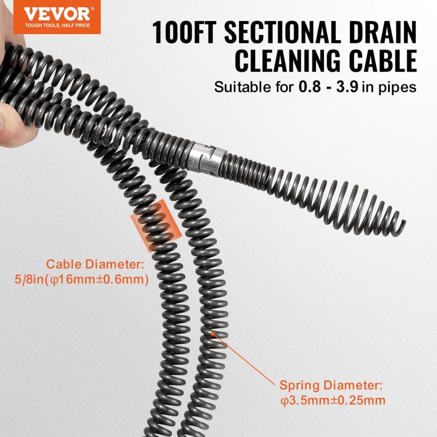 VEVOR Sectional Drain Cleaning Cable 100FT/30.5 m x 5/8In/1.6 cm & 7 Cutters for 0.8"-3.9"/2-10 cm Pipes