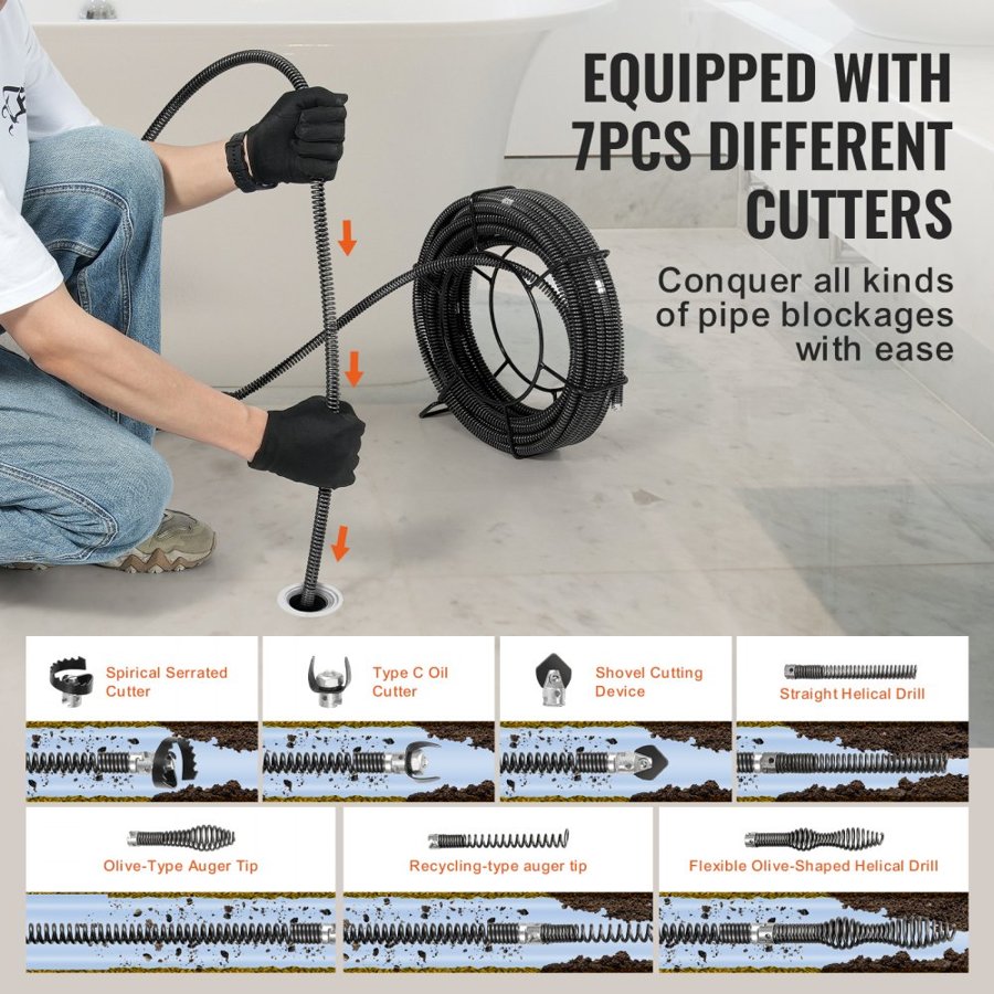 VEVOR Sectional Drain Cleaning Cable 100FT/30.5 m x 5/8In/1.6 cm & 7 Cutters for 0.8"-3.9"/2-10 cm Pipes