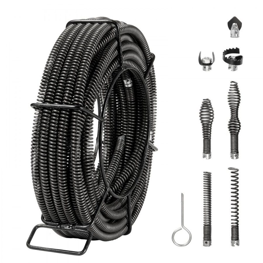VEVOR Sectional Drain Cleaning Cable 66FT/20.1 m x 5/8In/1.6 cm & 7 Cutters for 0.8"-3.9"/2-10 cm Pipes