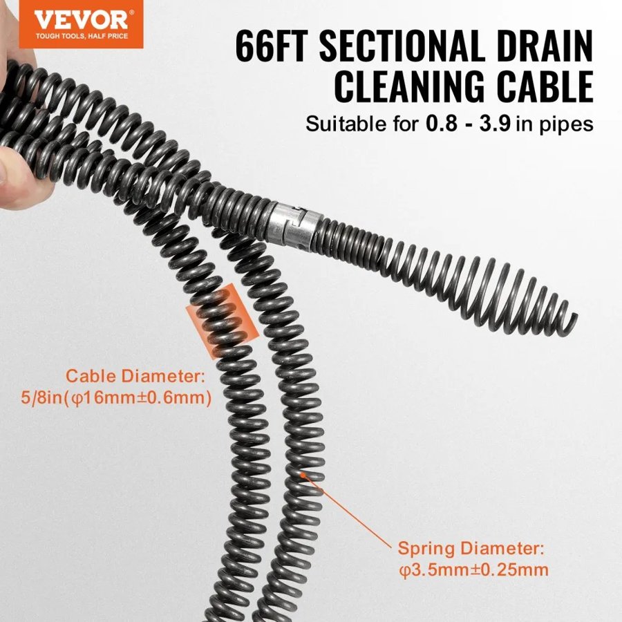 VEVOR Sectional Drain Cleaning Cable 66FT/20.1 m x 5/8In/1.6 cm & 7 Cutters for 0.8"-3.9"/2-10 cm Pipes