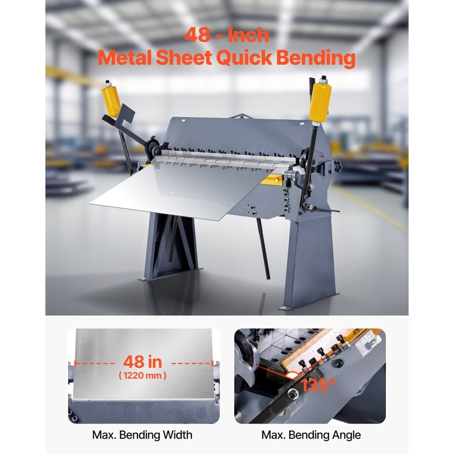 VEVOR Box and Pan Brake, 1220 mm/48 inch Sheet Metal Bending Brake, 12-Gauge Mild Steel Capacity, 0-135 Degree Adjustable, Metal Bender Machine with 8 Fingers, Heavy-Duty Aluminum Folder for Precise Bending