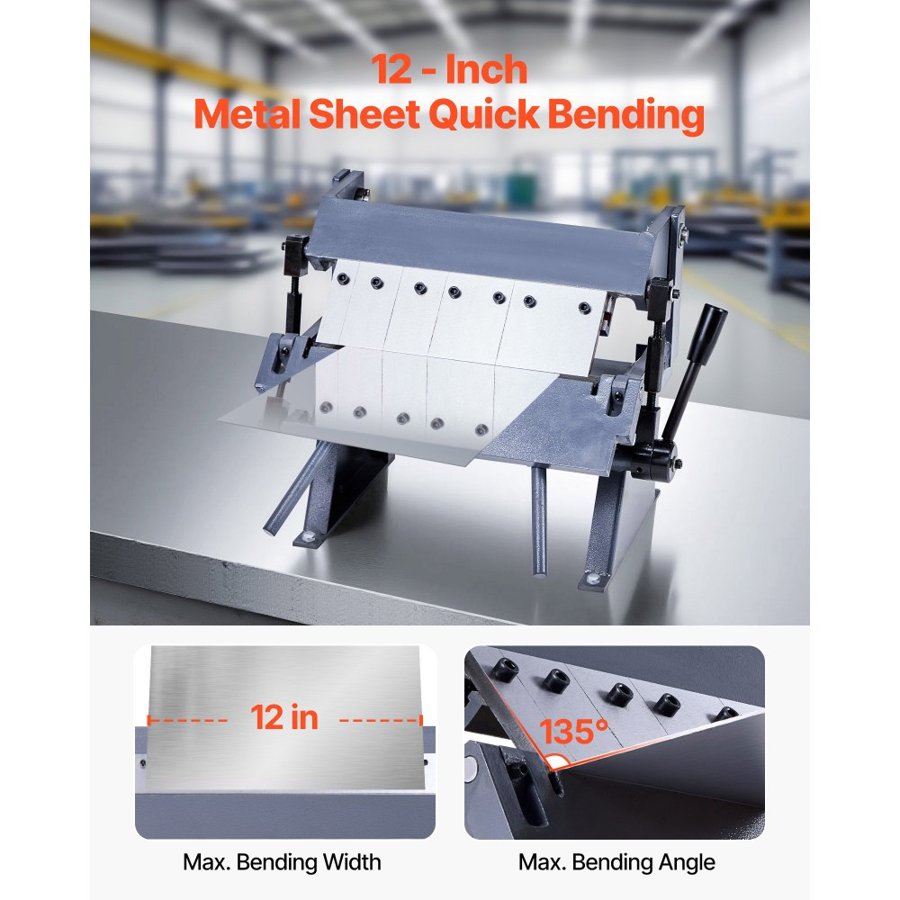 VEVOR Box and Pan Brake, 305 mm/12 inch Sheet Metal Bending Brake, 20-Gauge Mild Steel Capacity, 0-135 Degree Adjustable, Metal Bender Machine with 5 Fingers, Heavy-Duty Aluminum Folder for Precise Bending