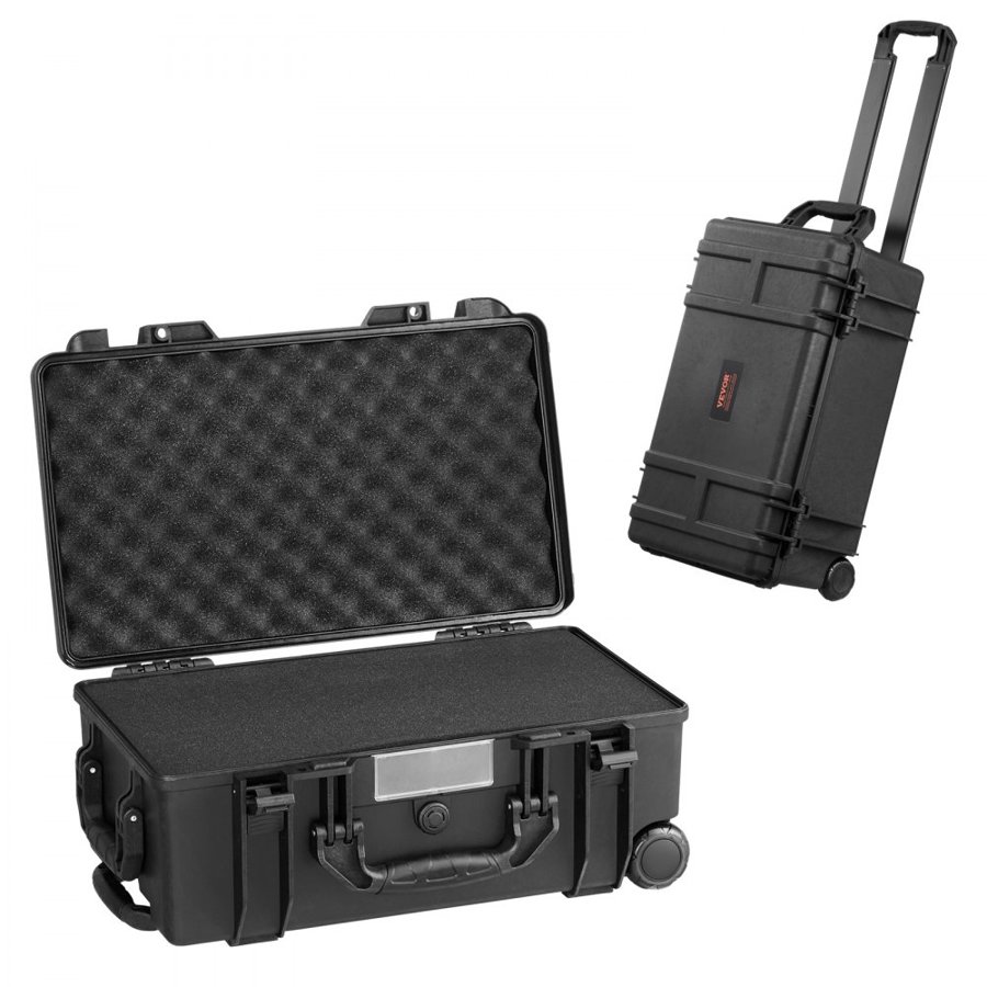 VEVOR Weatherproof Hard Case, Heavy Duty Protective Dry Box Case with Pre-cut Foam, Wheels & Retractable Pull Handles for Travel, Hunt, Military, Tactical, IP67 Waterproof Case for Cameras (55x34x24 cm)
