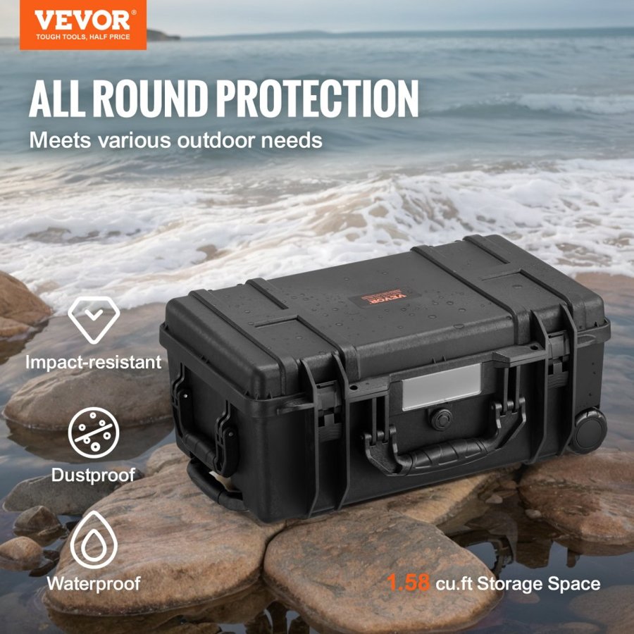 VEVOR Weatherproof Hard Case, Heavy Duty Protective Dry Box Case with Pre-cut Foam, Wheels & Retractable Pull Handles for Travel, Hunt, Military, Tactical, IP67 Waterproof Case for Cameras (55x34x24 cm)