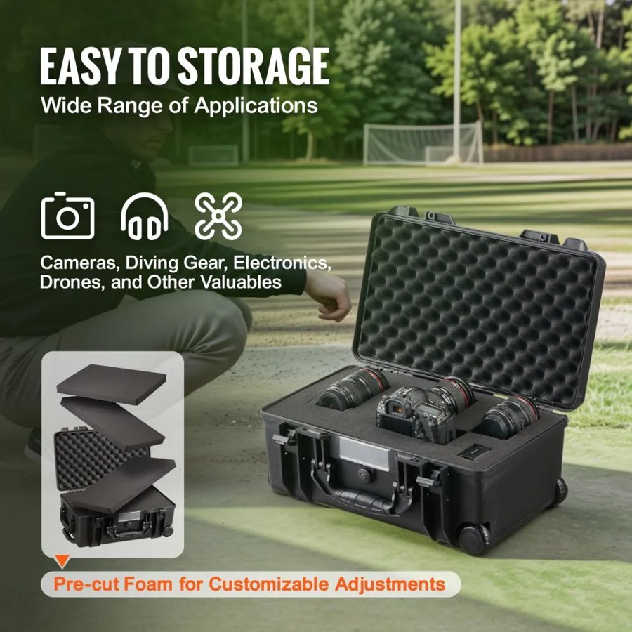 VEVOR Weatherproof Hard Case, Heavy Duty Protective Dry Box Case with Pre-cut Foam, Wheels & Retractable Pull Handles for Travel, Hunt, Military, Tactical, IP67 Waterproof Case for Cameras (55x34x24 cm)