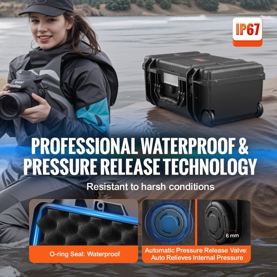 VEVOR Weatherproof Hard Case, Heavy Duty Protective Dry Box Case with Pre-cut Foam, Wheels & Retractable Pull Handles for Travel, Hunt, Military, Tactical, IP67 Waterproof Case for Cameras (55x34x24 cm)