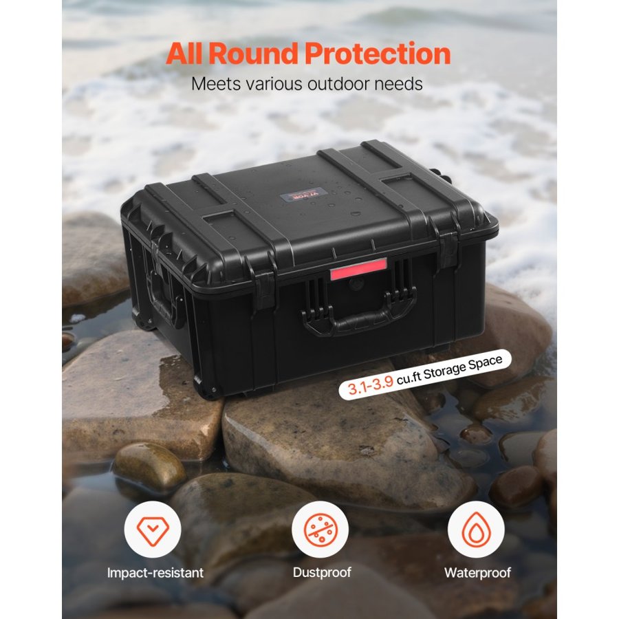 VEVOR 3.5 Cu.ft Weatherproof Hard Case, Waterproof Hard Case with Rolling Wheels & Retractable Pull Handle, IP67 Waterproof Protective Case with Clips, Padlock Holes, and Foam Inserted, Black (Large)