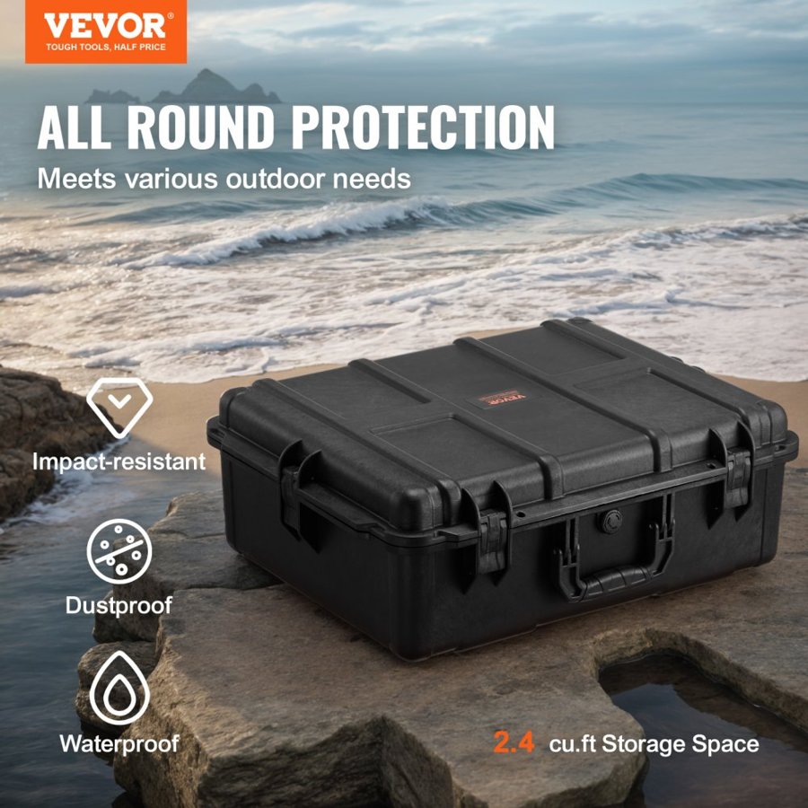 VEVOR Weatherproof Hard Case, Heavy Duty Protective Dry Box Case with Pre-cut Foam, and Retractable Pull Handles for Travel, Hunting, Military, Tactical, IP67 Waterproof Case for Cameras (56.1x37x26)
