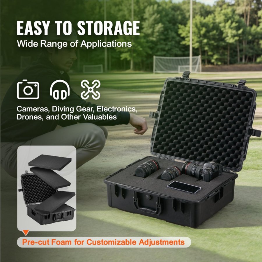 VEVOR Weatherproof Hard Case, Heavy Duty Protective Dry Box Case with Pre-cut Foam, and Retractable Pull Handles for Travel, Hunting, Military, Tactical, IP67 Waterproof Case for Cameras (56.1x37x26)