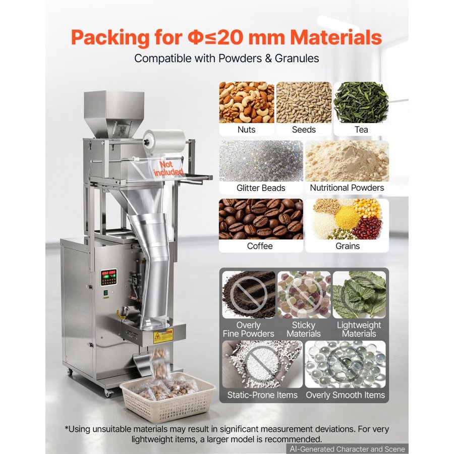 VEVOR Powder Filling and Sealing Machine, 10-999g Automatic Particle Granule Packaging Machine, Stainless Steel, Intelligent Weighing Filling Sealing, for Coffee Beans, Grains, Tea, Spices, Silver