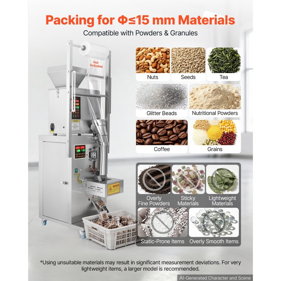 VEVOR Powder Filling and Sealing Machine, 3-200g Automatic Particle Granule Packaging Machine, Stainless Steel, Intelligent Weighing Filling Sealing, for Coffee Beans, Grains, Tea, Spices, Silver