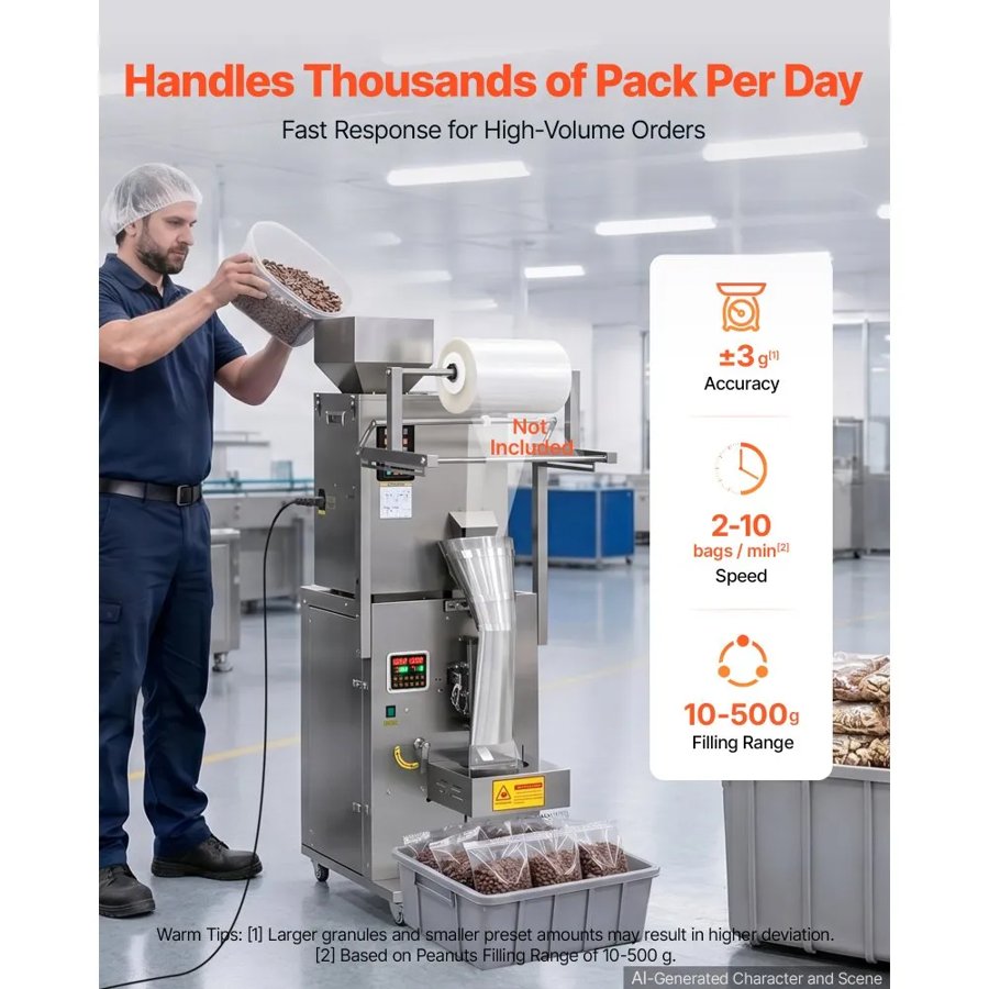 VEVOR Powder Filling and Sealing Machine, 10-500g Automatic Particle Granule Packaging Machine, Stainless Steel, Intelligent Weighing Filling Sealing, for Coffee Beans, Grains, Tea, Spices, Silver