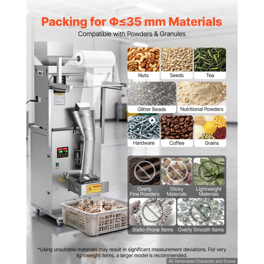 VEVOR Powder Filling and Sealing Machine, 10-500g Automatic Particle Granule Packaging Machine, Stainless Steel, Intelligent Weighing Filling Sealing, for Coffee Beans, Grains, Tea, Spices, Silver