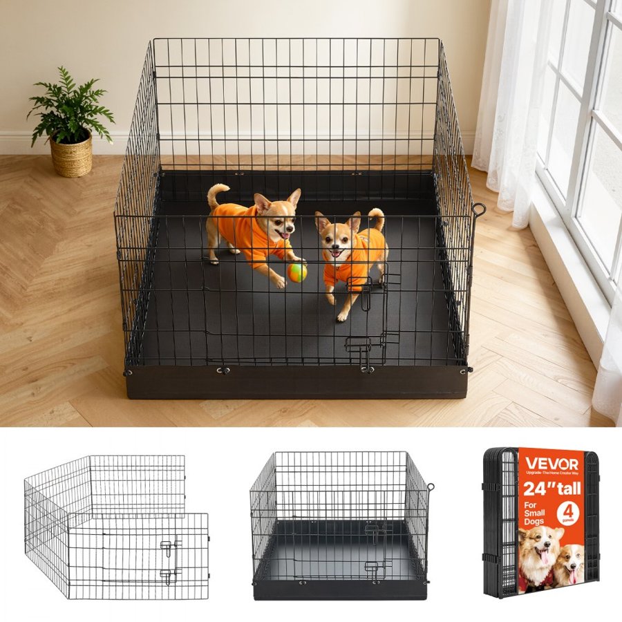 VEVOR Dog Playpen 61 cm 4 Panels Foldable Exercise Pen with Bottom Pad, Indoor Metal Pet Fence with Door, Heavy Duty Puppy Crate Kennel, Pet Playpen for Dogs, Cats, and Other Small Animals, Black