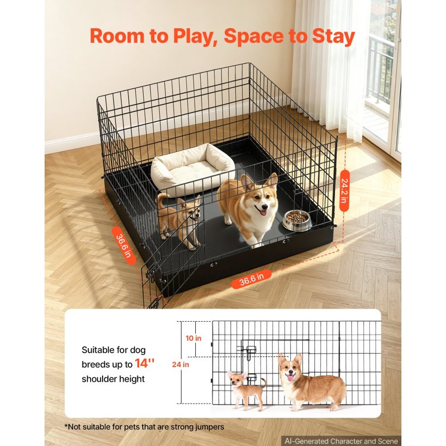 VEVOR Dog Playpen 61 cm 4 Panels Foldable Exercise Pen with Bottom Pad, Indoor Metal Pet Fence with Door, Heavy Duty Puppy Crate Kennel, Pet Playpen for Dogs, Cats, and Other Small Animals, Black