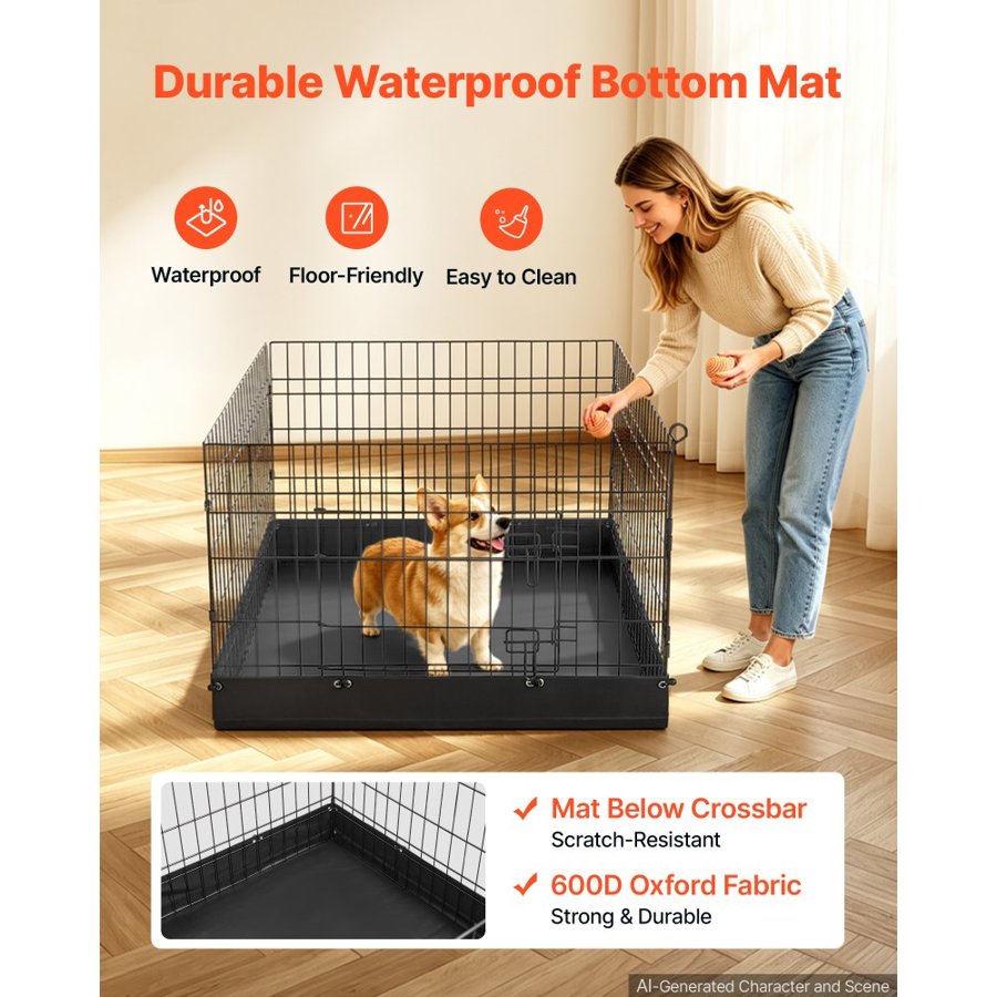 VEVOR Dog Playpen 61 cm 4 Panels Foldable Exercise Pen with Bottom Pad, Indoor Metal Pet Fence with Door, Heavy Duty Puppy Crate Kennel, Pet Playpen for Dogs, Cats, and Other Small Animals, Black