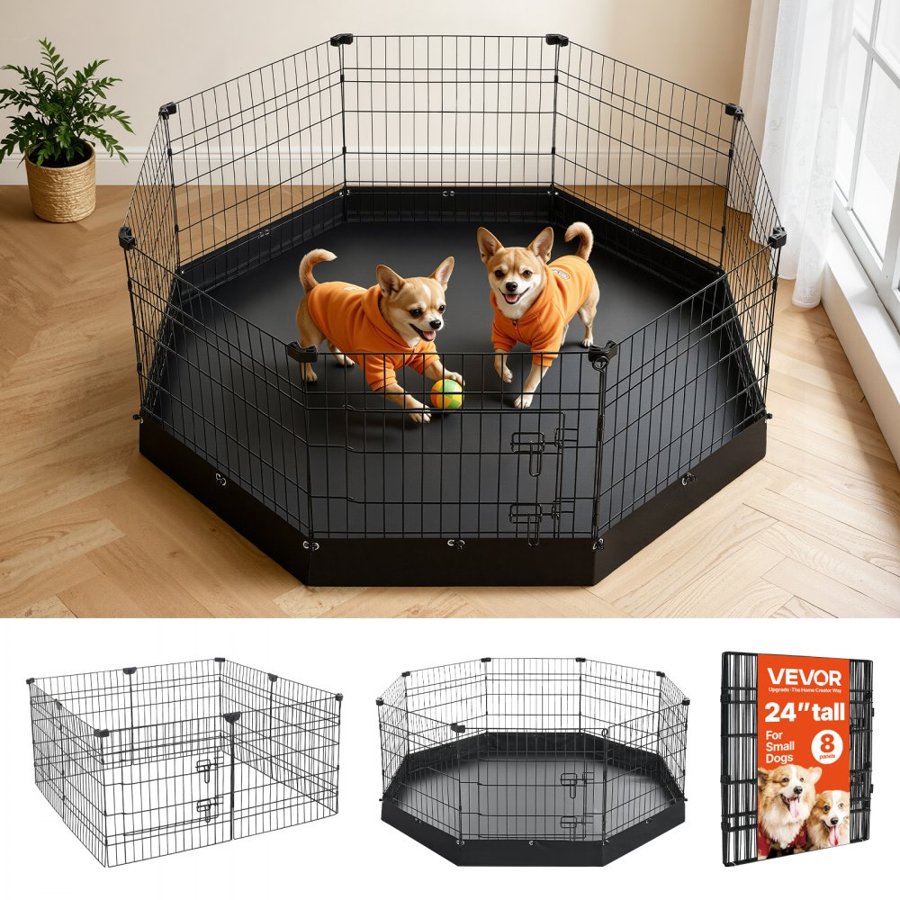 VEVOR Dog Playpen 61 cm 8 Panels Heavy Duty Exercise Pen with Bottom Pad, Indoor Foldable Metal Pet Fence with Door, Puppy Crate Kennel, Pet Playpen for Dogs, Cats, and Other Small Animals, Black