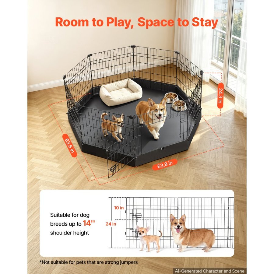 VEVOR Dog Playpen 61 cm 8 Panels Heavy Duty Exercise Pen with Bottom Pad, Indoor Foldable Metal Pet Fence with Door, Puppy Crate Kennel, Pet Playpen for Dogs, Cats, and Other Small Animals, Black