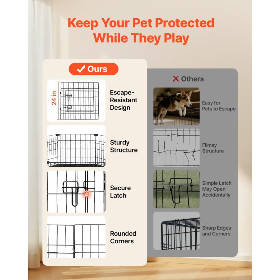 VEVOR Dog Playpen 61 cm 8 Panels Heavy Duty Exercise Pen with Bottom Pad, Indoor Foldable Metal Pet Fence with Door, Puppy Crate Kennel, Pet Playpen for Dogs, Cats, and Other Small Animals, Black
