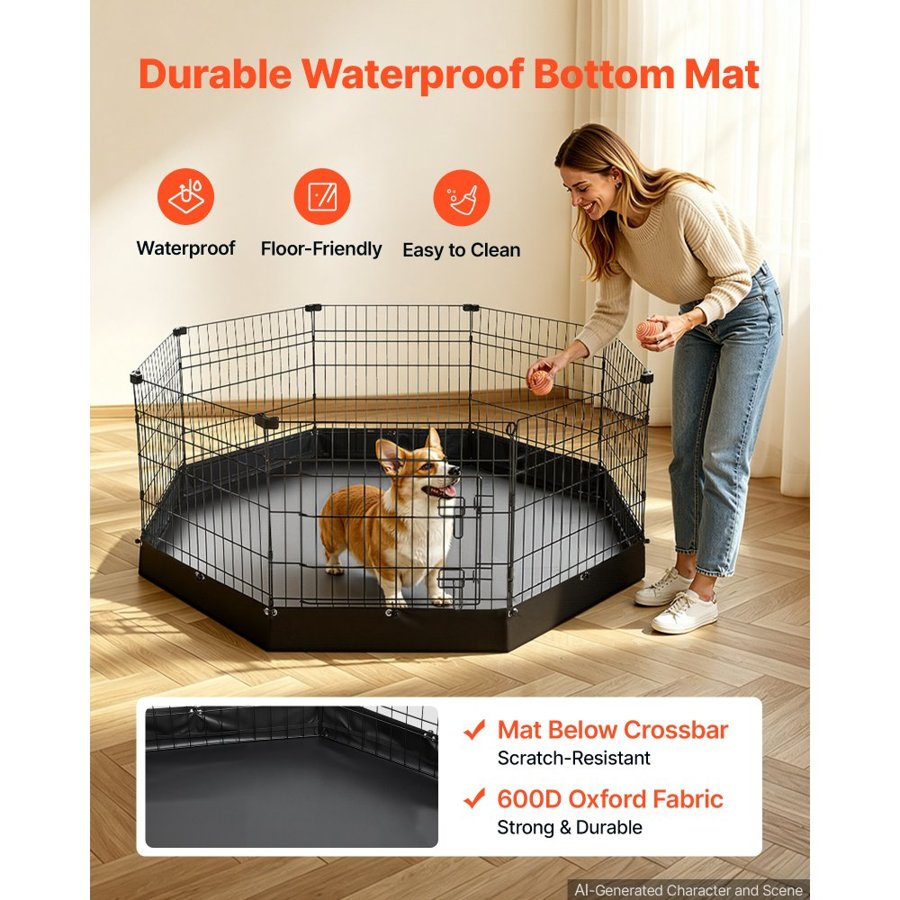 VEVOR Dog Playpen 61 cm 8 Panels Heavy Duty Exercise Pen with Bottom Pad, Indoor Foldable Metal Pet Fence with Door, Puppy Crate Kennel, Pet Playpen for Dogs, Cats, and Other Small Animals, Black