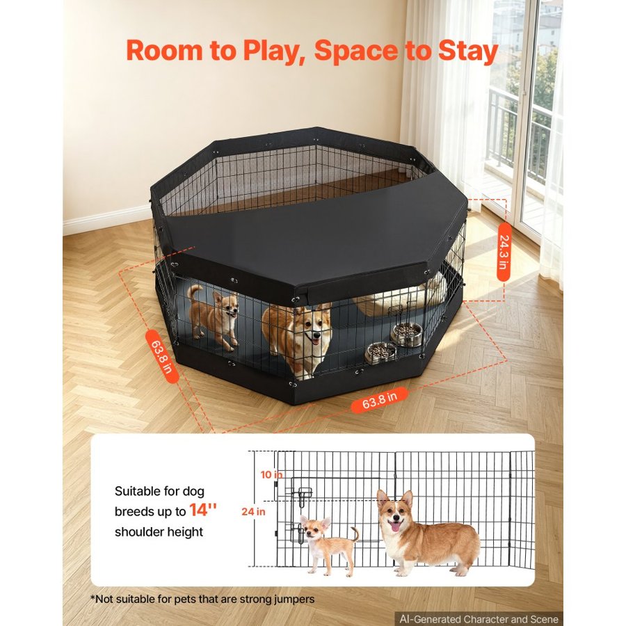 VEVOR Dog Playpen 61 cm 8 Panels Exercise Pen with Top Cover & Bottom Pad, Indoor Foldable Metal Pet Fence with Door, Heavy Duty Puppy Crate Kennel Pen for Dogs, Cats, and Other Small Animals, Black