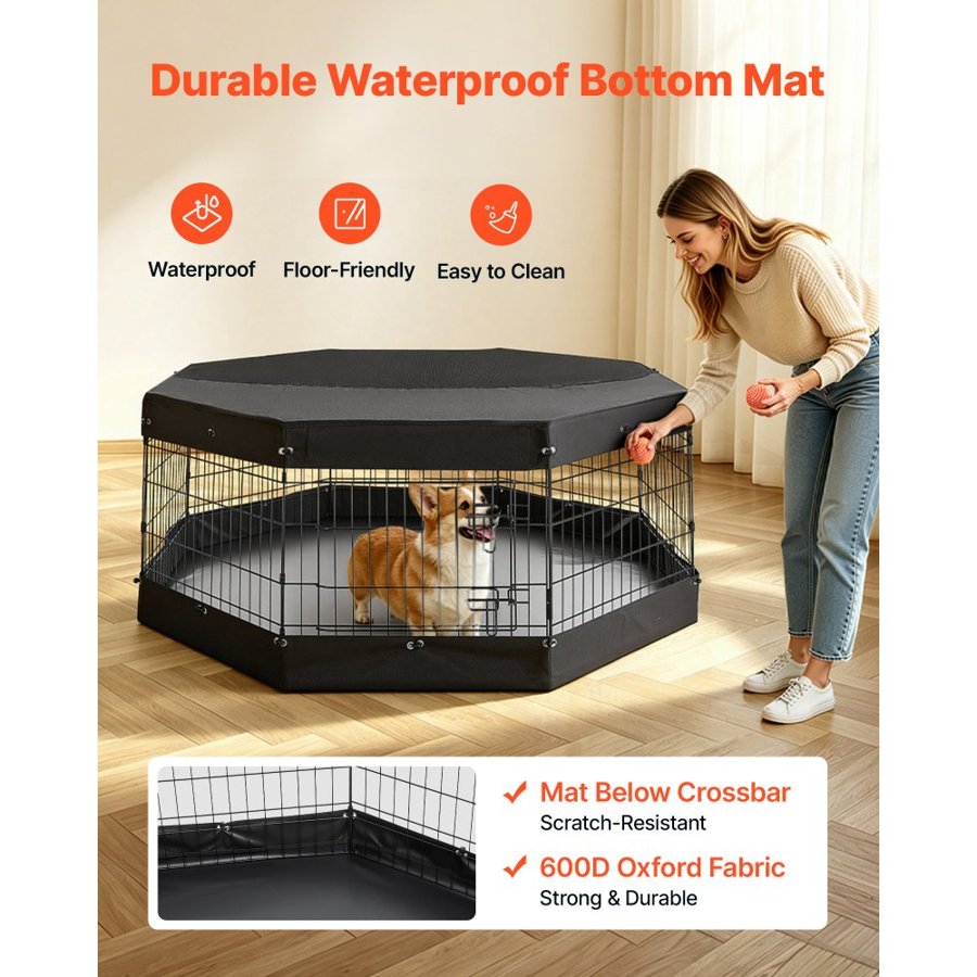 VEVOR Dog Playpen 61 cm 8 Panels Exercise Pen with Top Cover & Bottom Pad, Indoor Foldable Metal Pet Fence with Door, Heavy Duty Puppy Crate Kennel Pen for Dogs, Cats, and Other Small Animals, Black