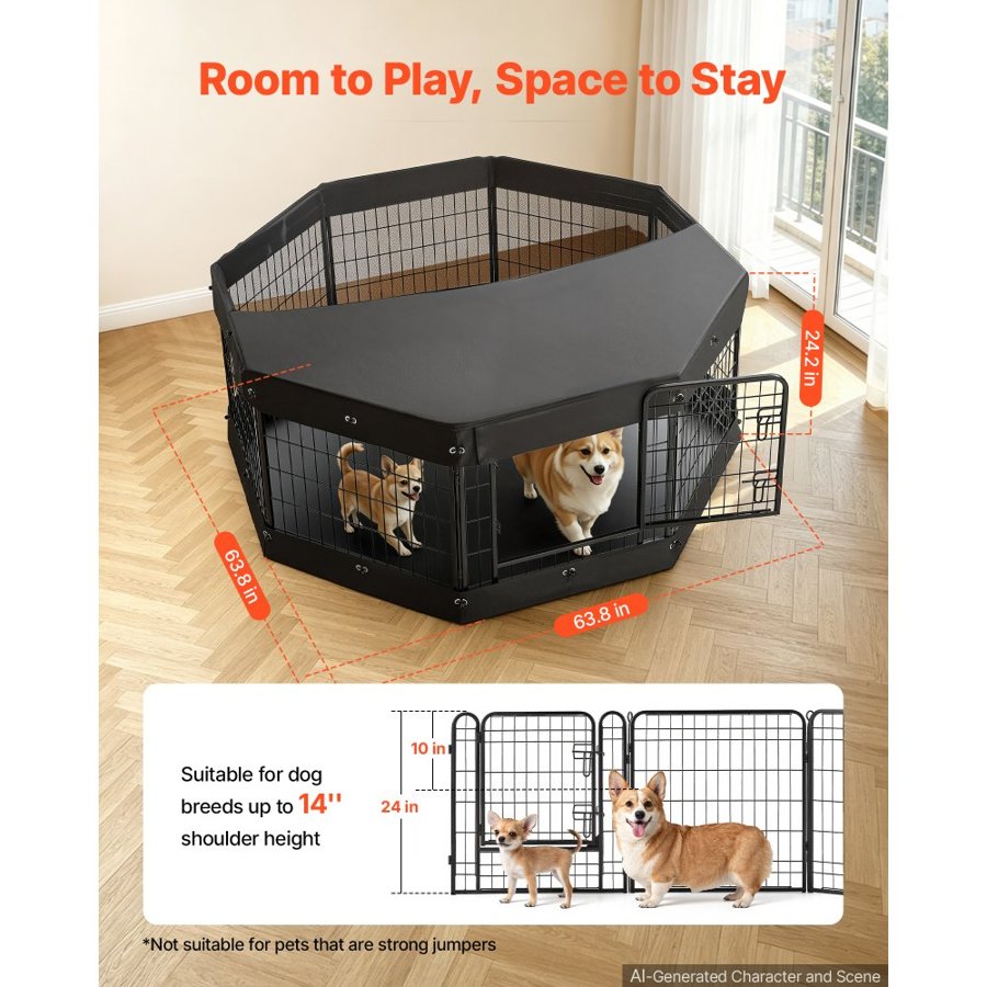 VEVOR Dog Playpen 61 cm 8 Panels Heavy Duty with Top Cover & Bottom Pad, Indoor Foldable Metal Exercise Pen Pet Fence with Door, Puppy Crate Kennel Pen for Dogs, Cats, and Other Small Animals, Black