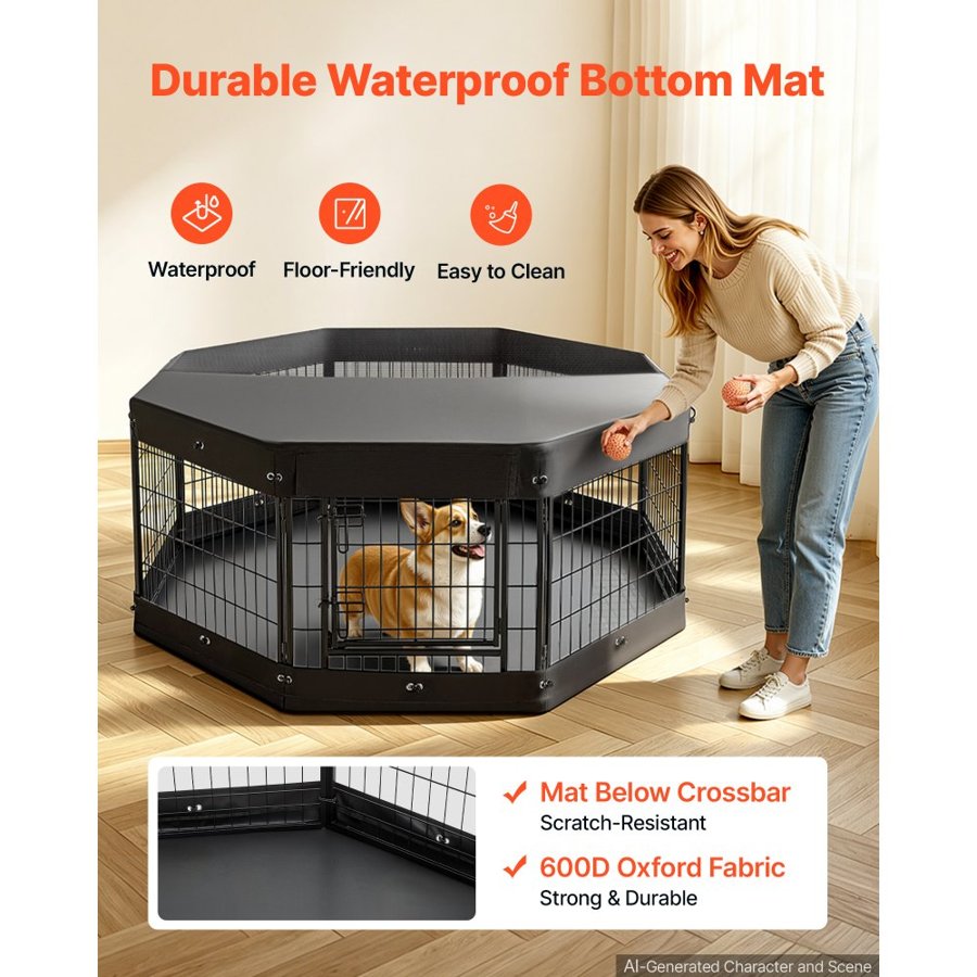 VEVOR Dog Playpen 61 cm 8 Panels Heavy Duty with Top Cover & Bottom Pad, Indoor Foldable Metal Exercise Pen Pet Fence with Door, Puppy Crate Kennel Pen for Dogs, Cats, and Other Small Animals, Black