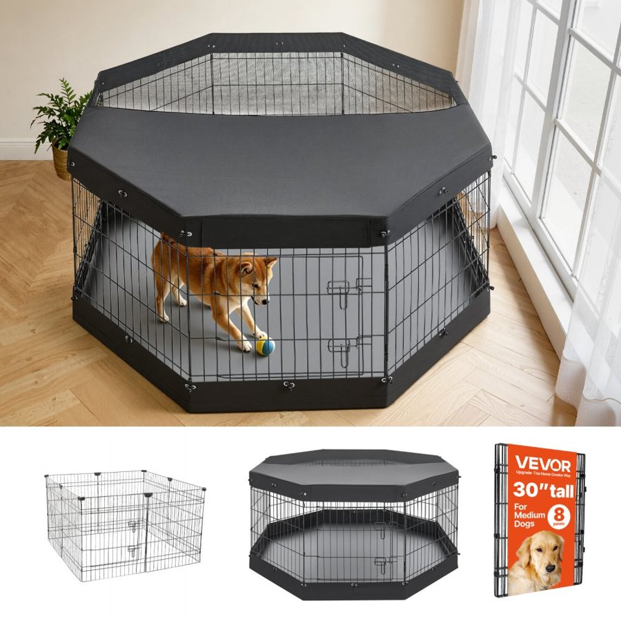VEVOR Dog Playpen 76 cm 8 Panels Exercise Pen with Top Cover & Bottom Pad, Indoor Foldable Metal Pet Fence with Door, Heavy Duty Puppy Crate Kennel Pen for Dogs, Cats, and Other Small Animals, Black